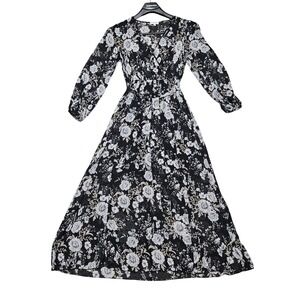 Luxology Maxi Dress Womens Small Black Floral Long Sleeve Wrap V-Neck Whimsigoth